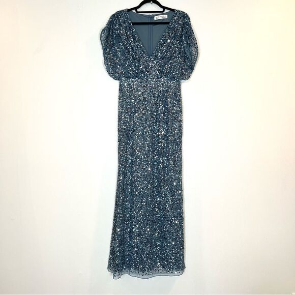 Mac Duggal 5640‎ Womens Size 12 Blue Sequin Draped Sleeve V-Neck Gown Maxi Dress - Picture 4 of 9